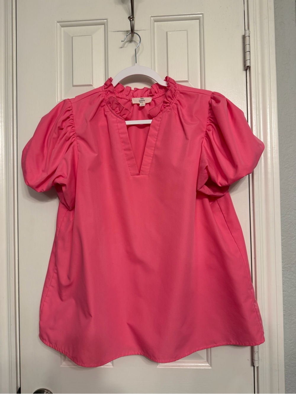 entro Pink Ruffle-Trim Puff Sleeve Blouse